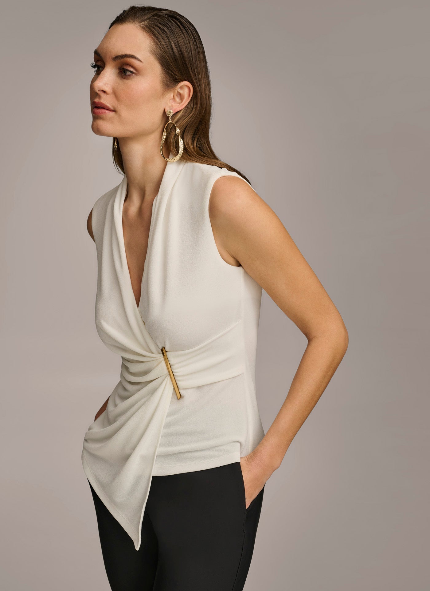 V NECK WITH HARDWARE AND RUCHED DETAIL