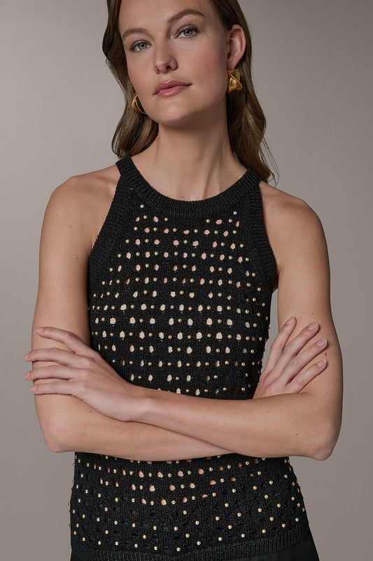 SLEEVELESS OPEN-STITCH HALTER SWEATER