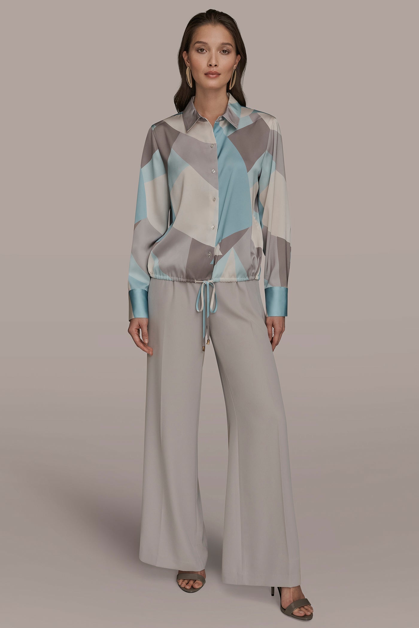 LONG-SLEEVE PRINTED DRAWSTRING BLOUSE