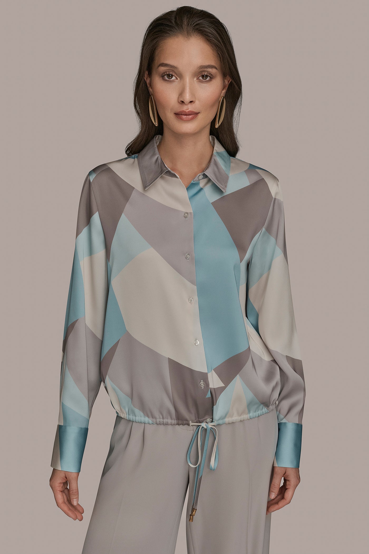 LONG-SLEEVE PRINTED DRAWSTRING BLOUSE