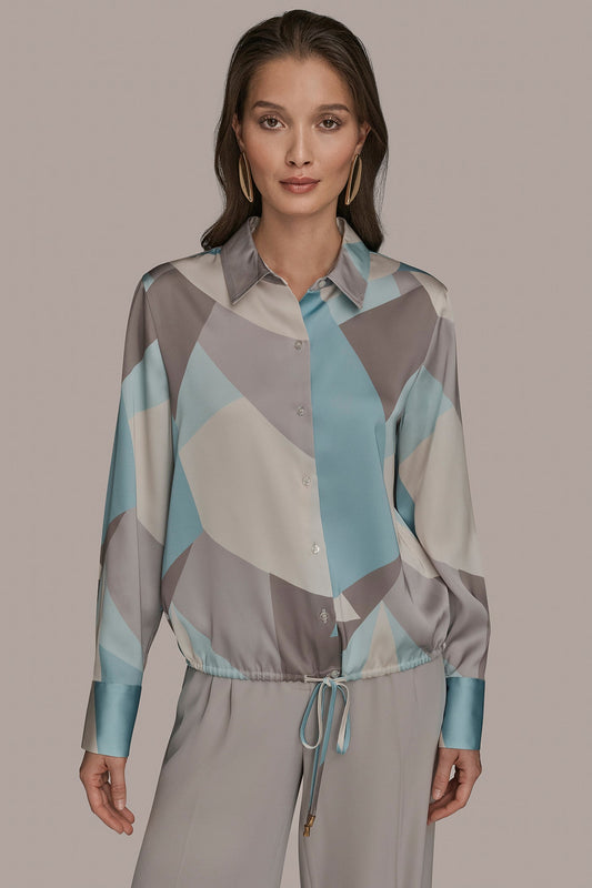 LONG-SLEEVE PRINTED DRAWSTRING BLOUSE