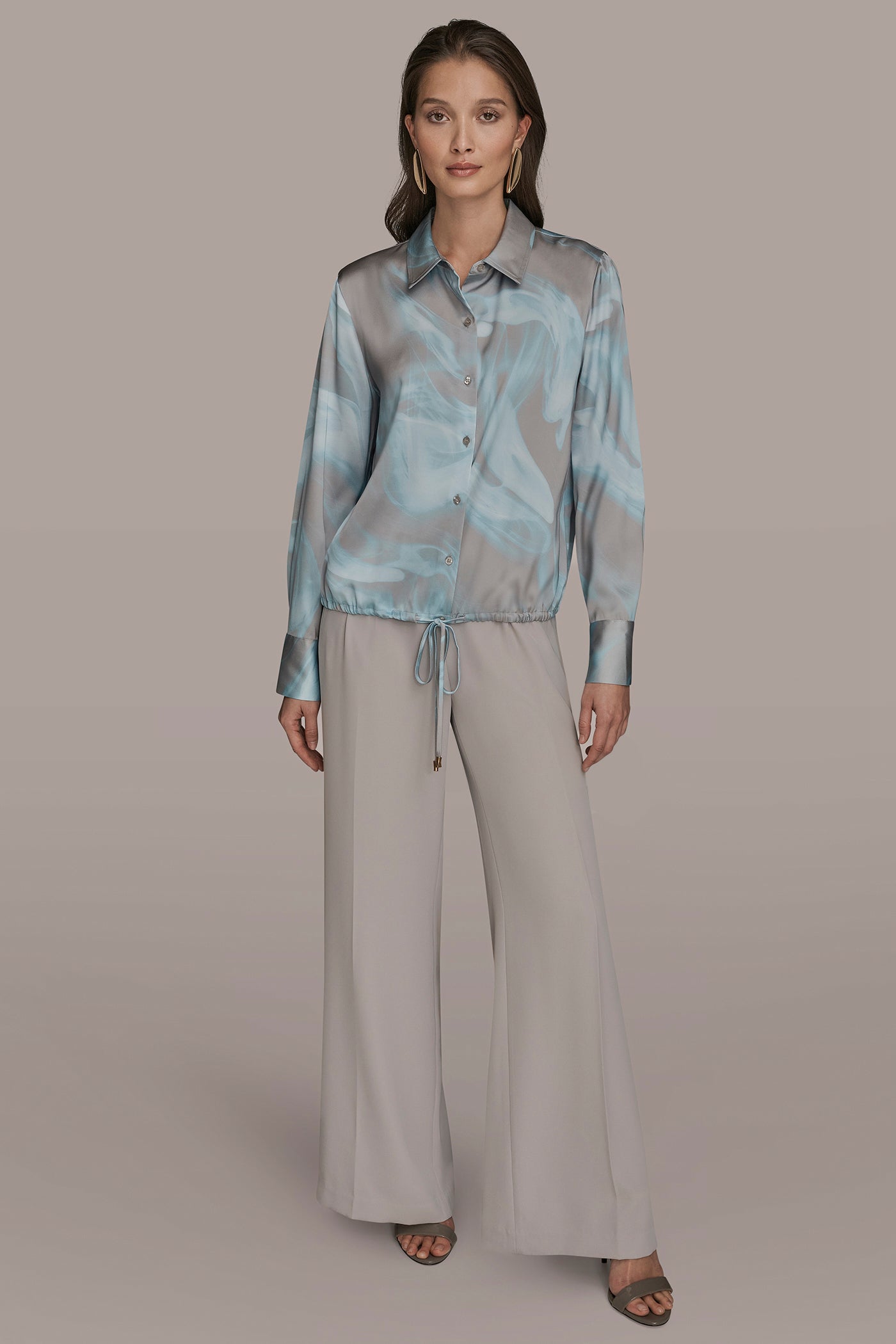 LONG-SLEEVE PRINTED DRAWSTRING BLOUSE