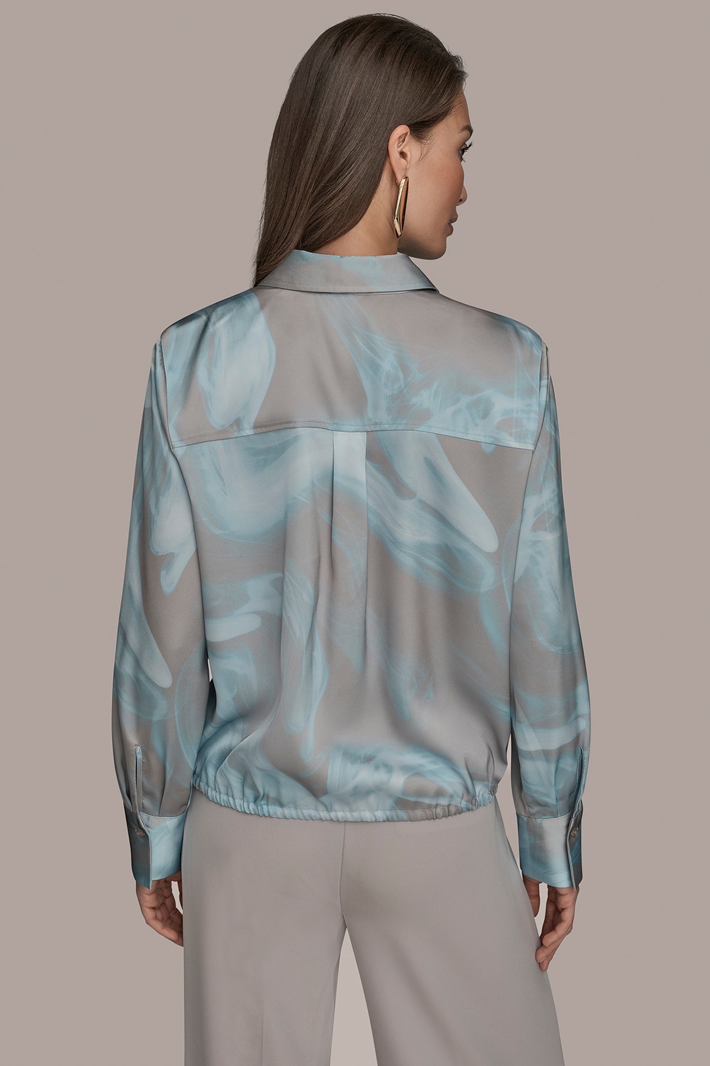 LONG-SLEEVE PRINTED DRAWSTRING BLOUSE